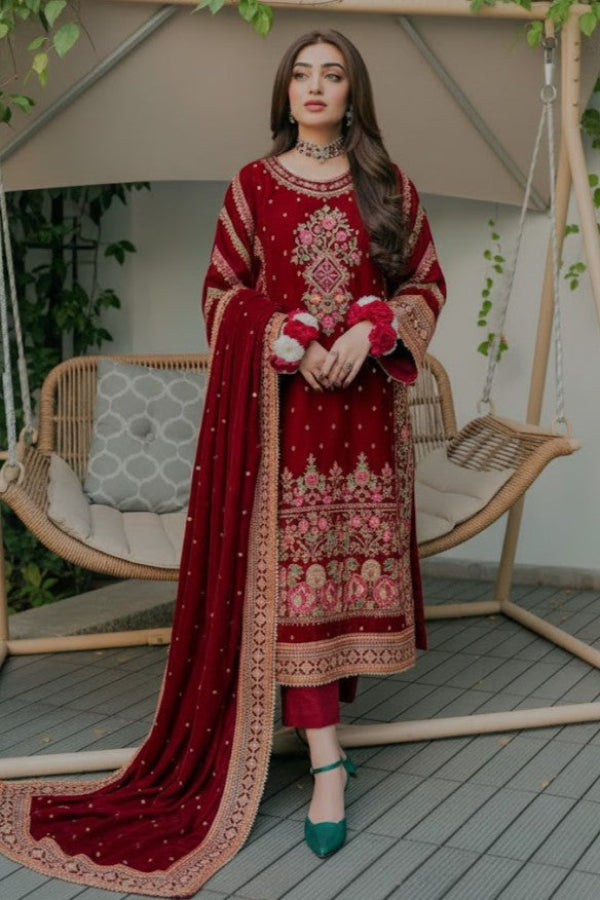 3 Piece Stitched Velvet Suit - Ready To Wear