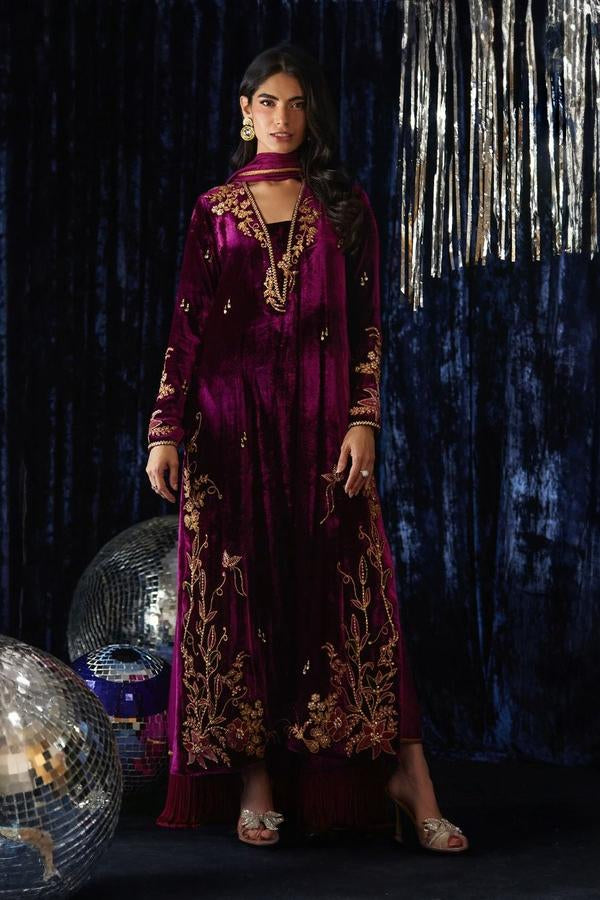 3 Piece Stitched Velvet Suit - Ready To Wear