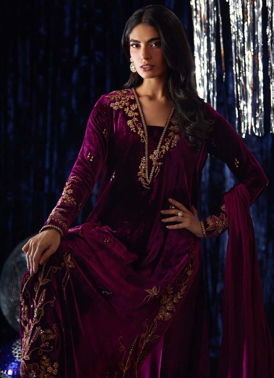 3 Piece Stitched Velvet Suit - Ready To Wear