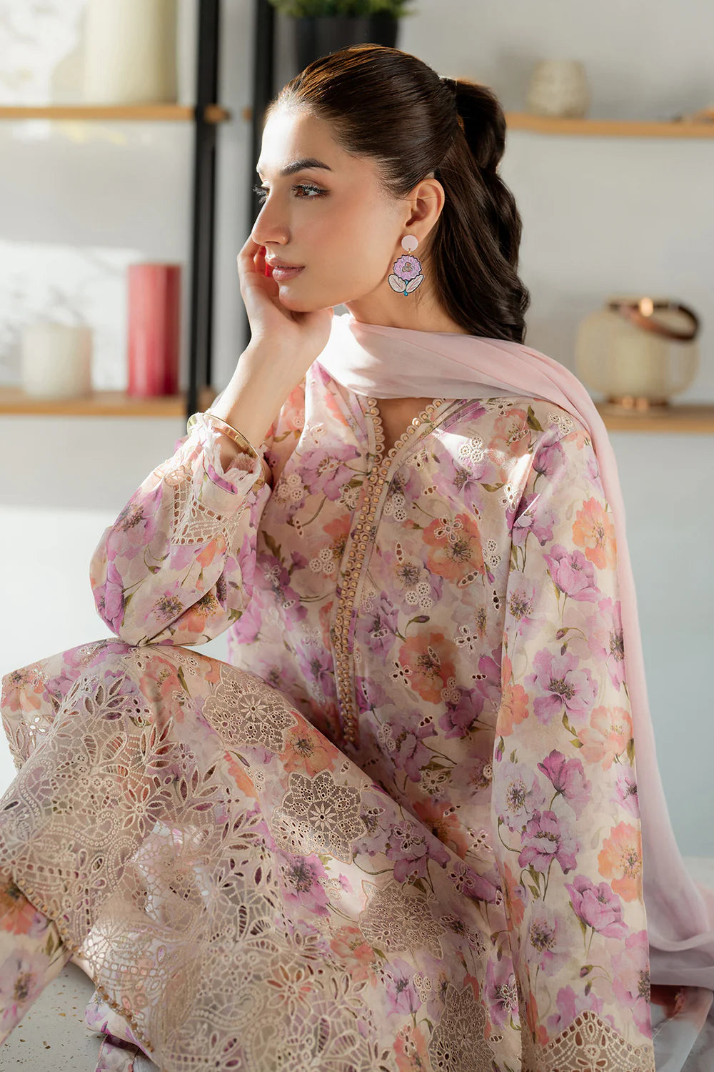 03-Piece Printed Lawn Suit With Chikankari Embroidered- Ready To Wear
