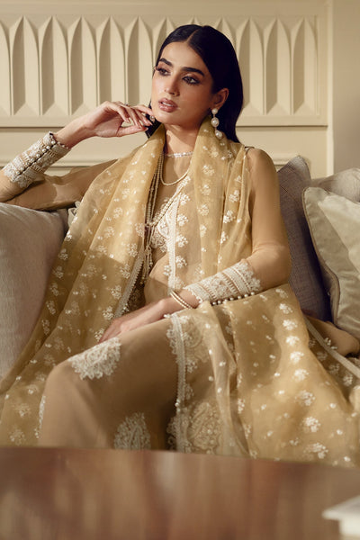 Biscuit Gold & Ivory: Embroidered Chiffon Suit With Malai Trouser | Ready To Wear