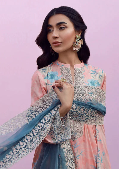 Pastel Peach & Teal - Lawn Suit With Chiffon Dupatta | Ready To Wear
