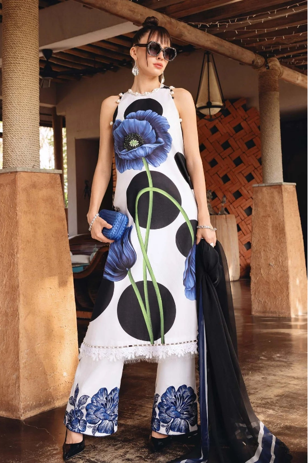 Pearl Blue Floral - Printed Lawn Suit With Chiffon Dupatta | Ready To Wear