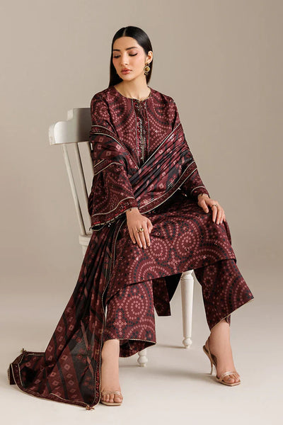 Burgundy Chunri - 3Pc Lawn Suit With Chiffon Dupatta | Ready To Wear