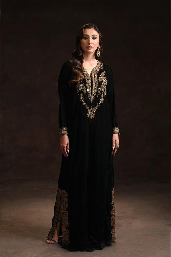 Stitched Black Velvet Kaftan - Ready To Wear