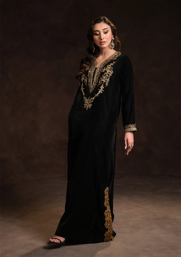 Stitched Black Velvet Kaftan - Ready To Wear