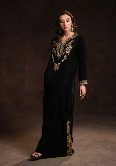 Stitched Black Velvet Kaftan - Ready To Wear