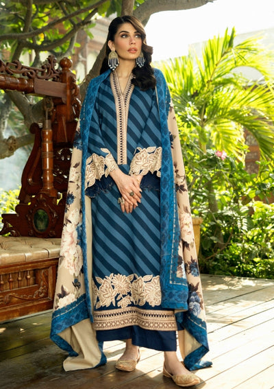Deep Teal & Ivory - Printed Lawn Suit With Chiffon Dupatta | Ready To Wear