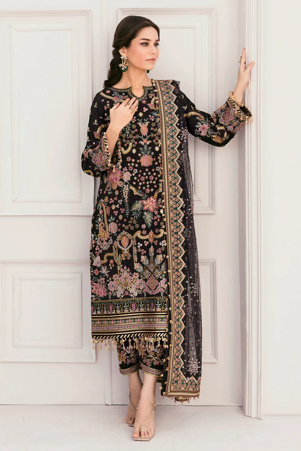 Jet Black & Multi-Color Paisley Embroidered Silk Suit | Ready To Wear