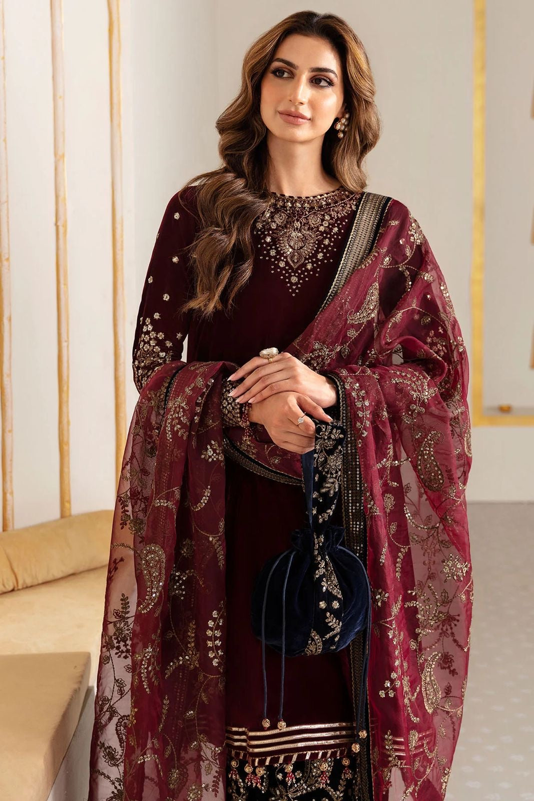 3 Piece Stitched Embroidered Velvet Suit - Ready To Wear