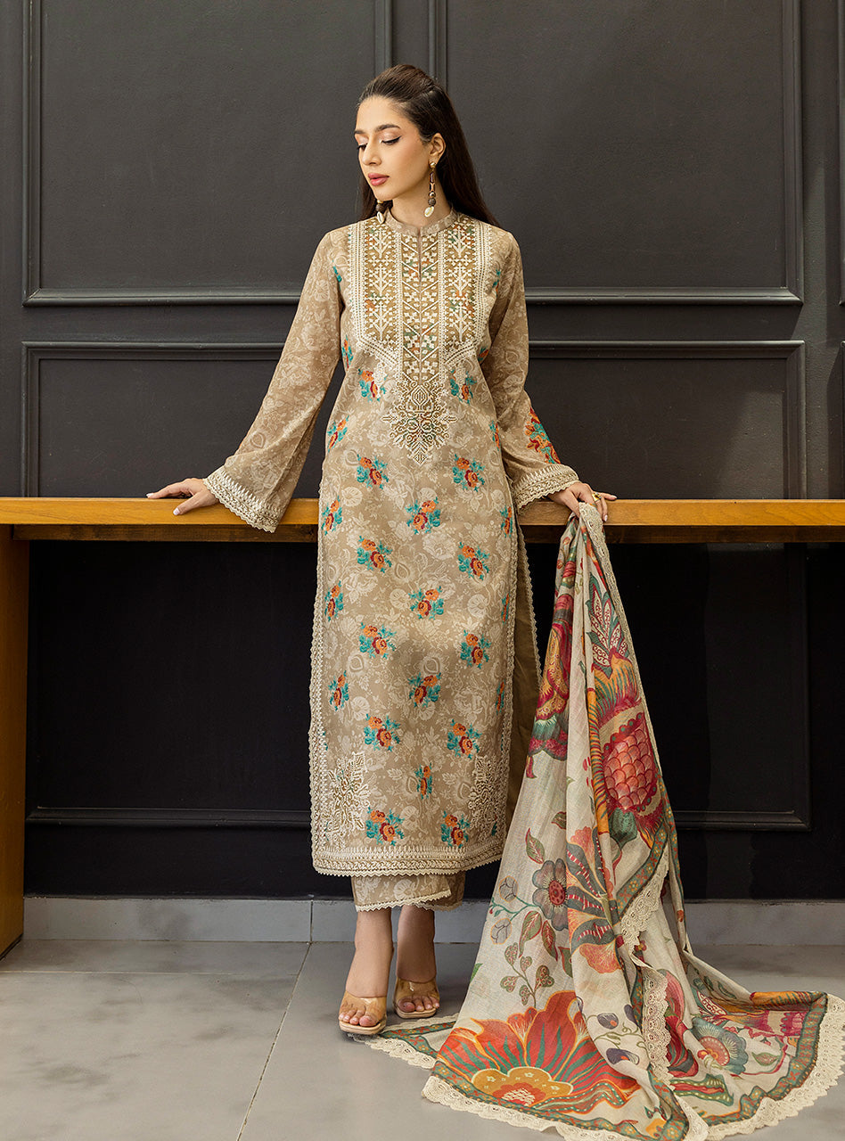 3 Piece Stitched Lawn Embroidery Suit - Ready To Wear