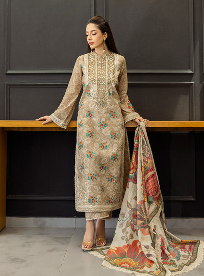 3 Piece Stitched Lawn Embroidery Suit - Ready To Wear