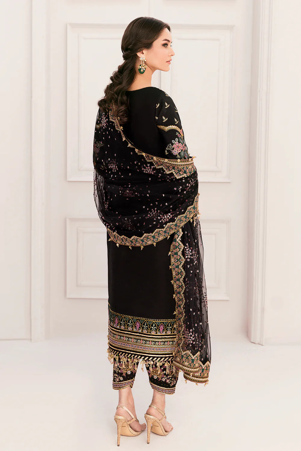 Jet Black & Multi-Color Paisley Embroidered Silk Suit | Ready To Wear