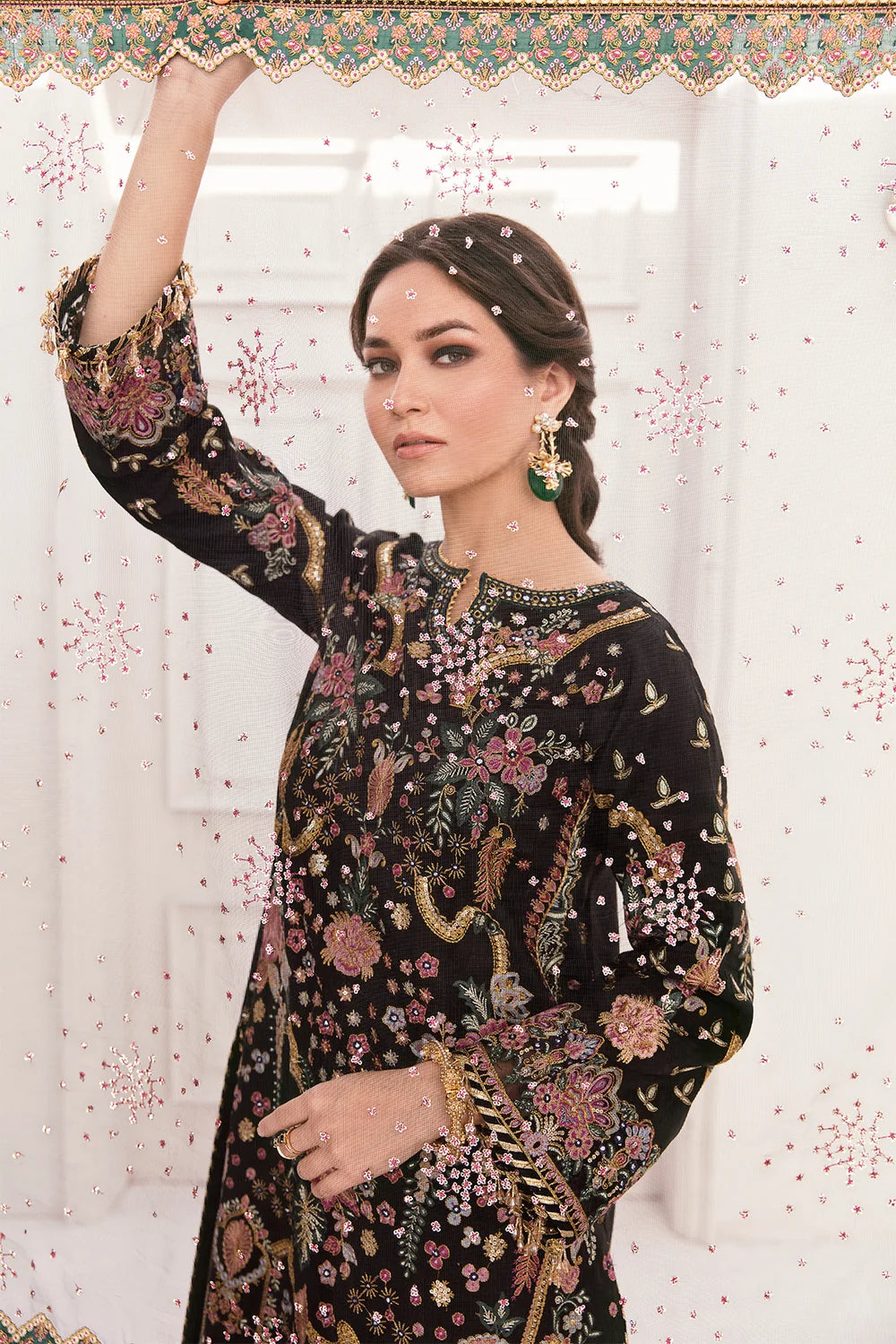 Jet Black & Multi-Color Paisley Embroidered Silk Suit | Ready To Wear