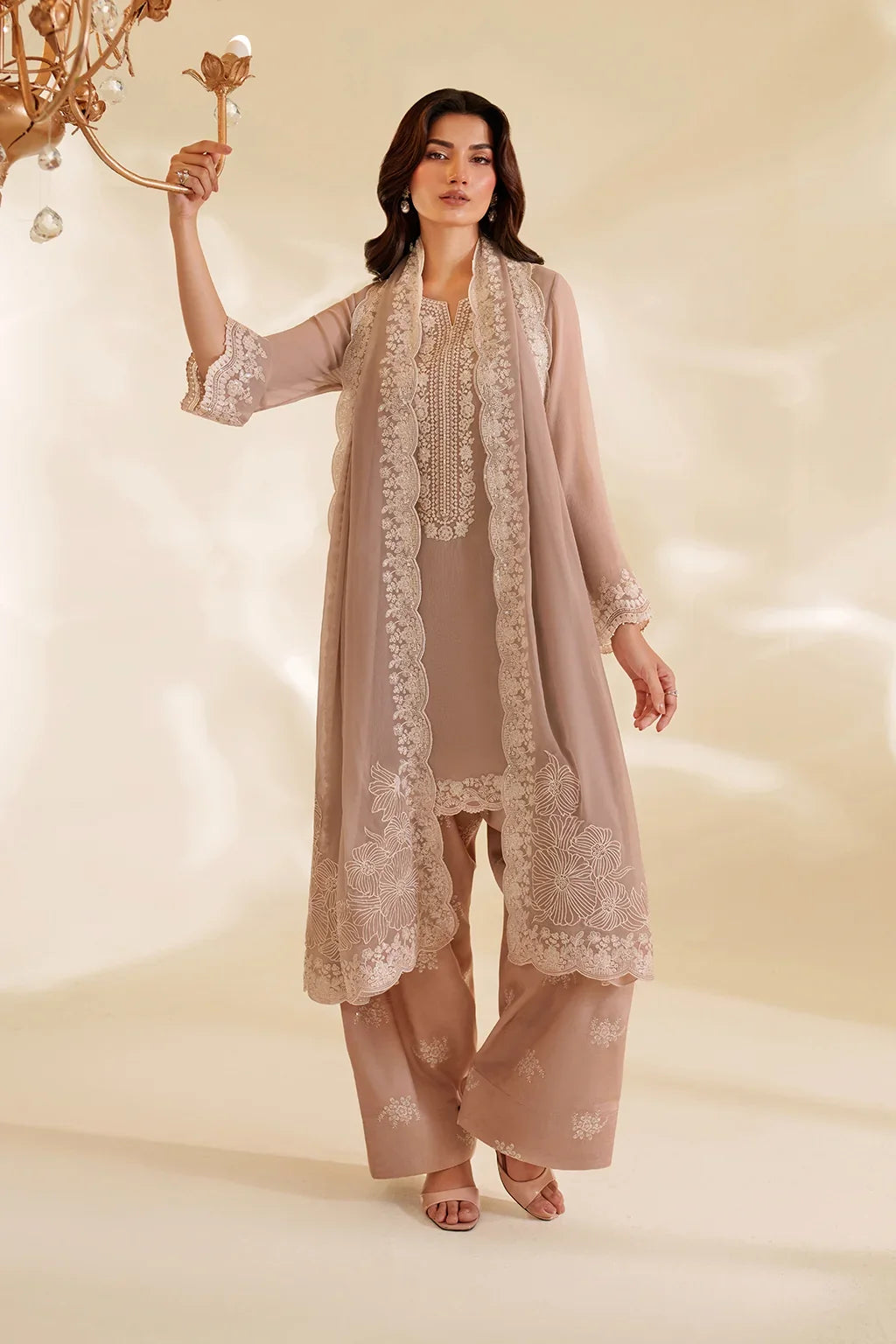 Ash Taupe & Off-White Accent: Embroidered Chiffon Suit | Ready To Wear