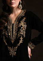 Stitched Black Velvet Kaftan - Ready To Wear
