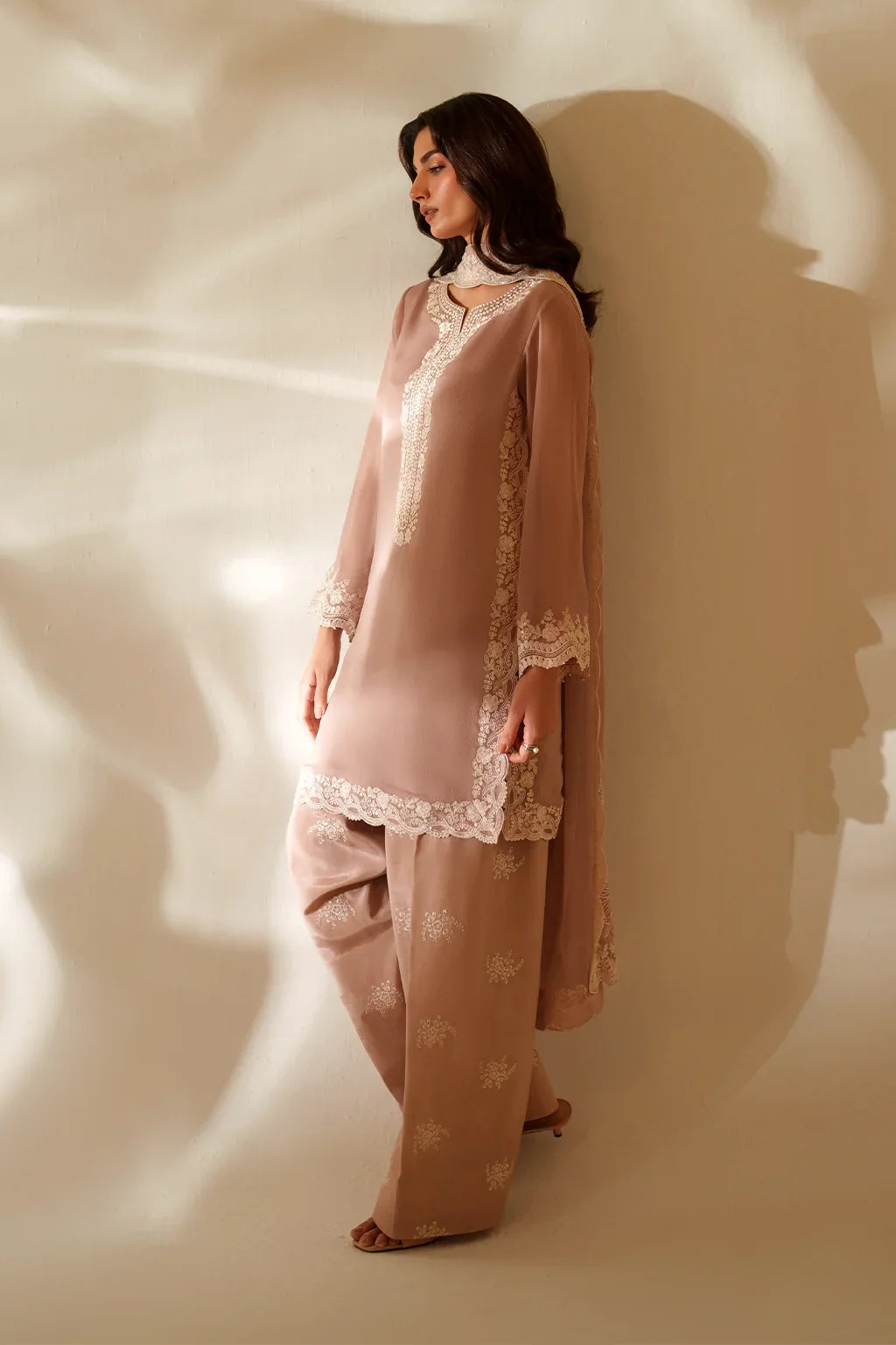 Ash Taupe & Off-White Accent: Embroidered Chiffon Suit | Ready To Wear
