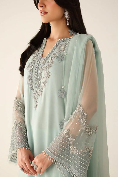 Pastel Mint & Pearl Silver Accent: Embroidered Chiffon Suit  | Ready To Wear