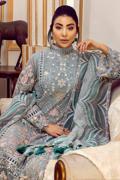 Muted Sage Teal & Ivory Accent: Embroidered Chiffon Suit | Ready To Wear