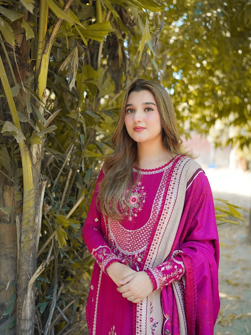 3 Piece Stitched Embroidered Cotton Suit - Ready To Wear