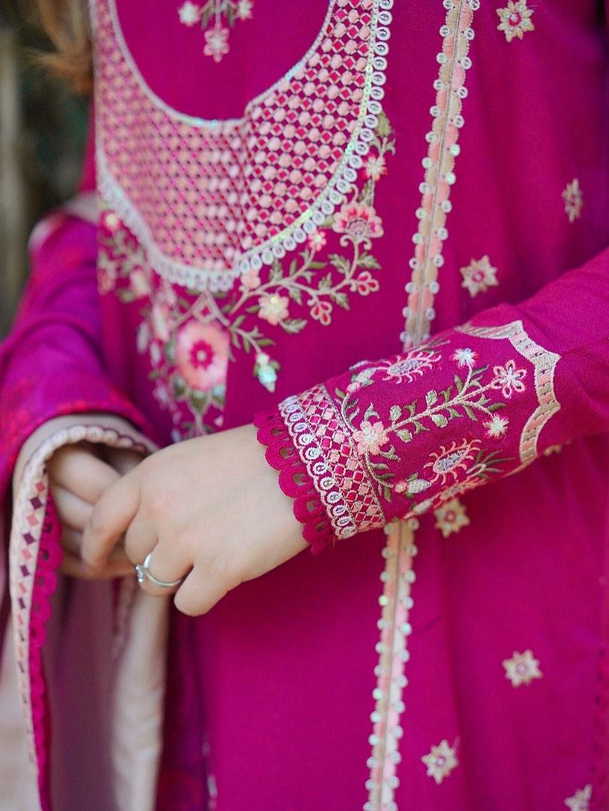 3 Piece Stitched Embroidered Cotton Suit - Ready To Wear