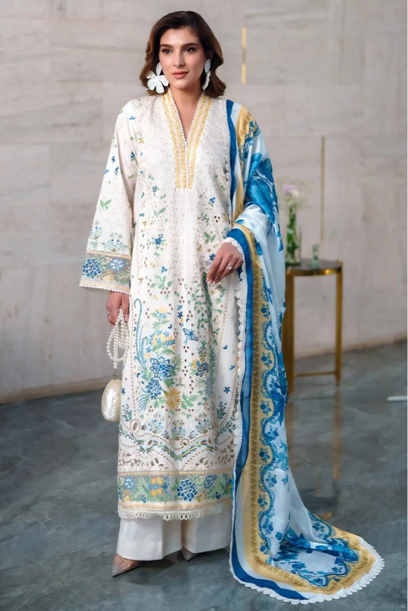 lawn dress with silk dupatta 03-Pece Embroidered Lawn Suit With Silk Dupatta