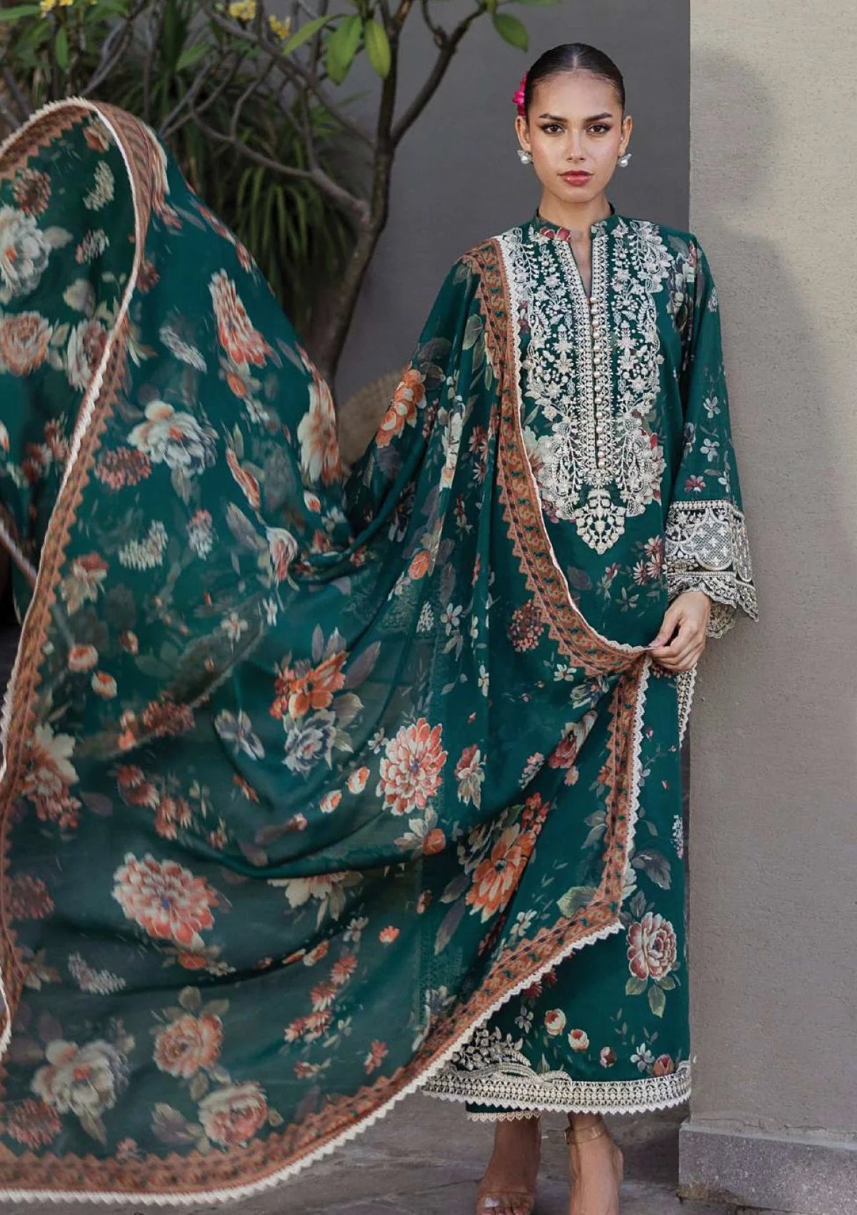 3 Piece Stitched Lawn Embroidery Suit - Ready To Wear