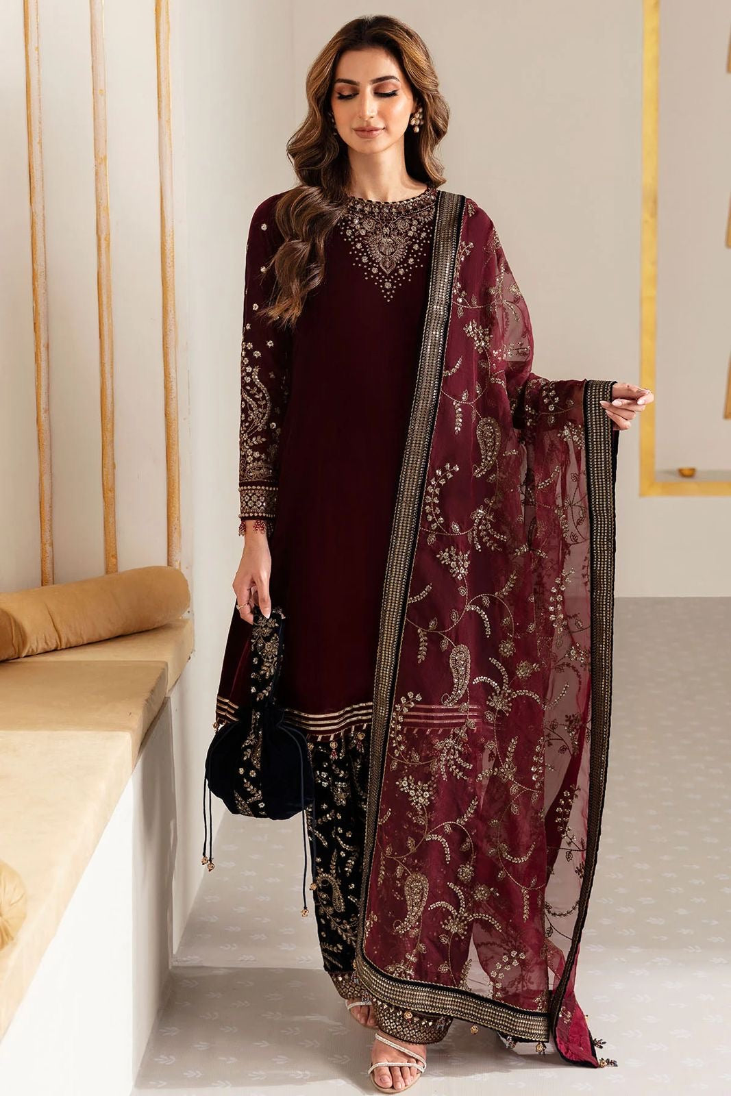 3 Piece Stitched Embroidered Velvet Suit - Ready To Wear