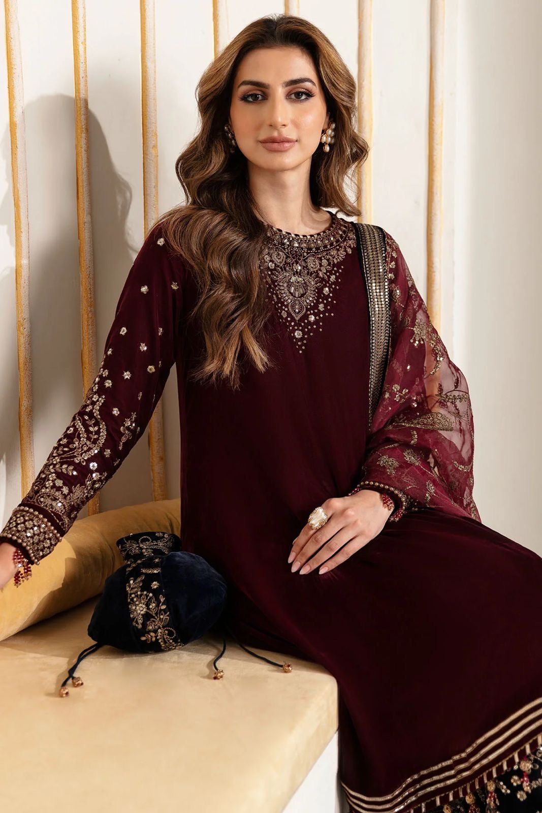3 Piece Stitched Embroidered Velvet Suit - Ready To Wear