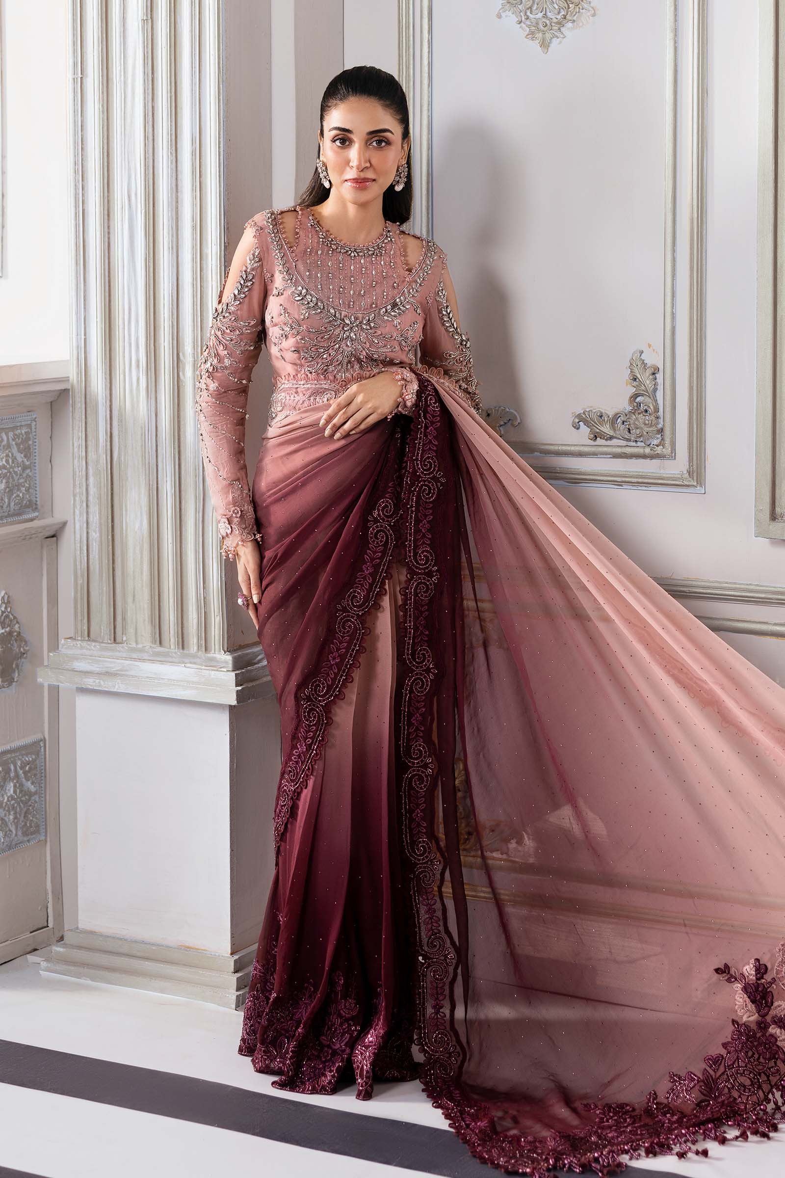 Stitched Embroidered Chiffon Saare - Ready To Wear