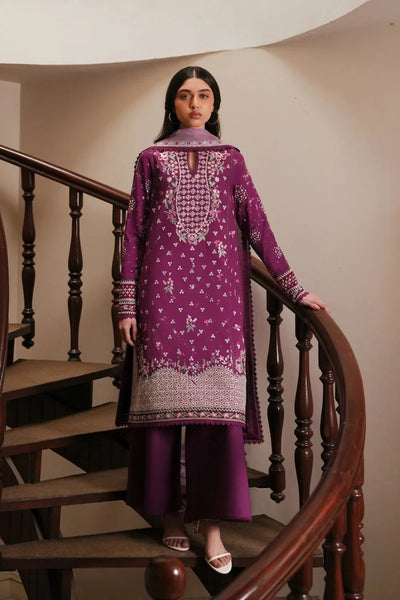 Berry Plum Embroidered Lawn Suit With Soft Lilac Chiffon Dupatta | Ready To Wear