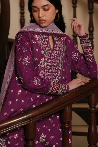 Berry Plum Embroidered Lawn Suit With Soft Lilac Chiffon Dupatta | Ready To Wear