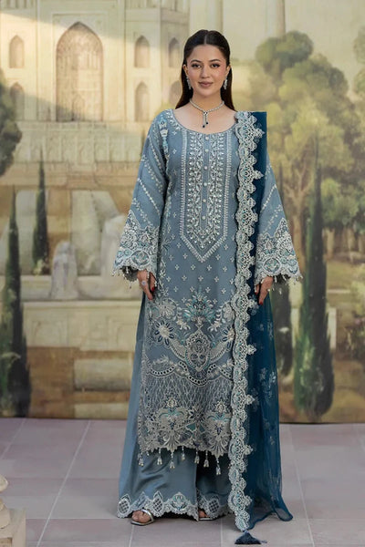 Muted Blue Embroidered Chiffon Suit With Peacock Blue Dupatta | Ready To Wear
