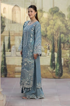 Muted Blue Embroidered Chiffon Suit With Peacock Blue Dupatta | Ready To Wear