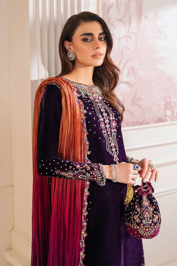 3 Piece Stitched Velvet Embroidered Suit - Ready To Wear