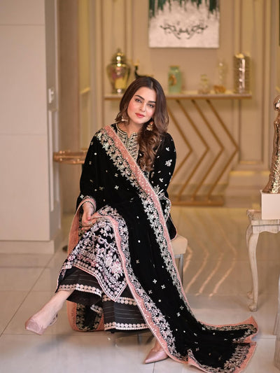3 Piece Stitched Embroidery Velvet Suit - Ready To Wear