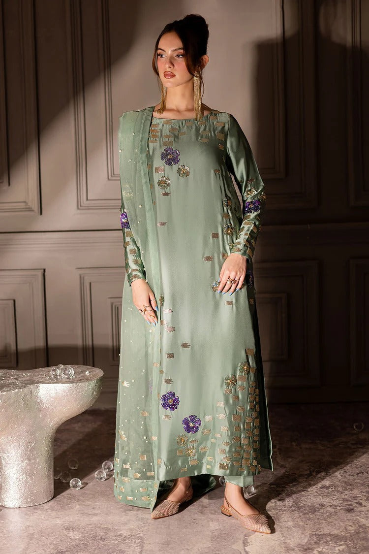 3 Piece Stitched Raw Silk Suit - Ready To Wear