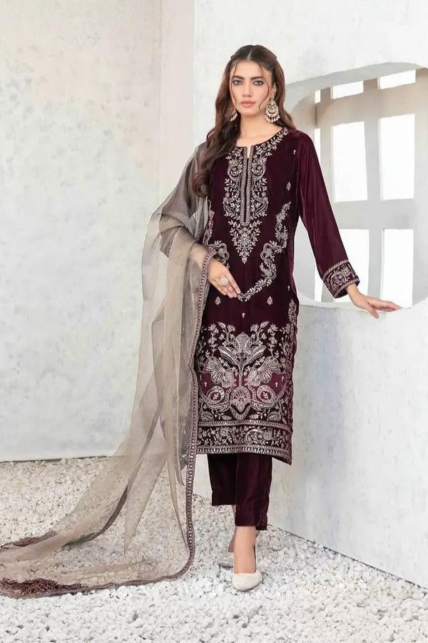 3 Piece Stitched Velvet Suit - Ready To Wear