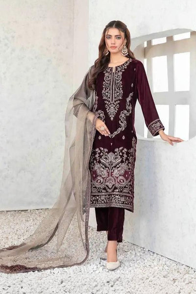 3 Piece Stitched Velvet Suit - Ready To Wear