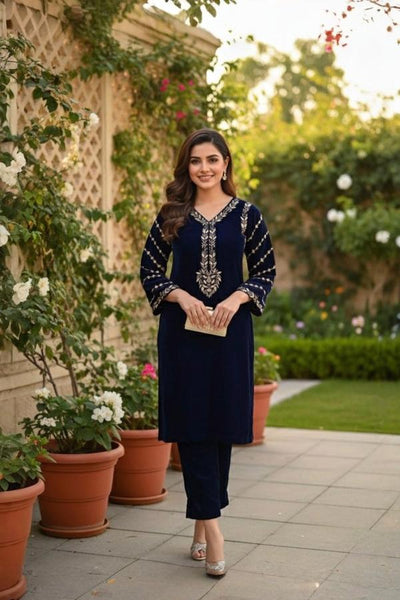 2 Piece Stitched Embroidered Velvet Suit - Ready To Wear