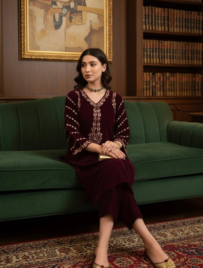 2 Piece Stitched Embroidered Velvet Suit - Ready To Wear