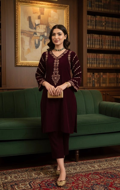 2 Piece Stitched Embroidered Velvet Suit - Ready To Wear