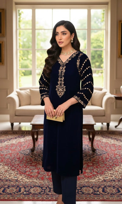 2 Piece Stitched Embroidered Velvet Suit - Ready To Wear