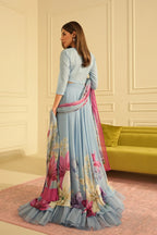 Sky Blue With Floral Printed Silk Crop Top & Skirt | Ready To Wear