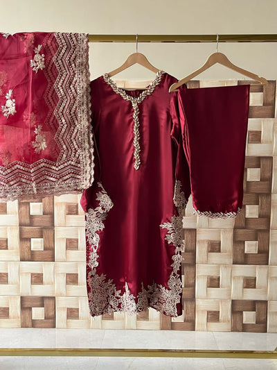 3 Piece Stitched Silk Suit - Ready To Wear