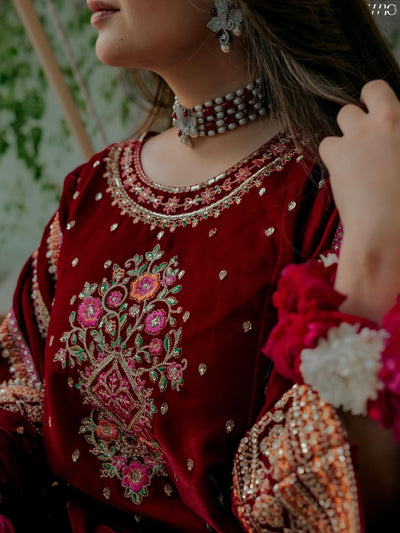 3 Piece Stitched Velvet Suit - Ready To Wear