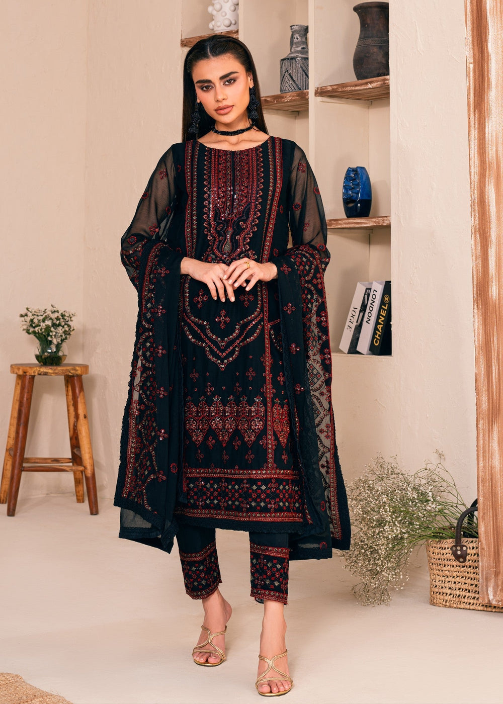 3 Piece Stitched Chiffon Embroidery Suit - Ready To Wear