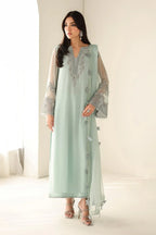 Pastel Mint & Pearl Silver Accent: Embroidered Chiffon Suit  | Ready To Wear