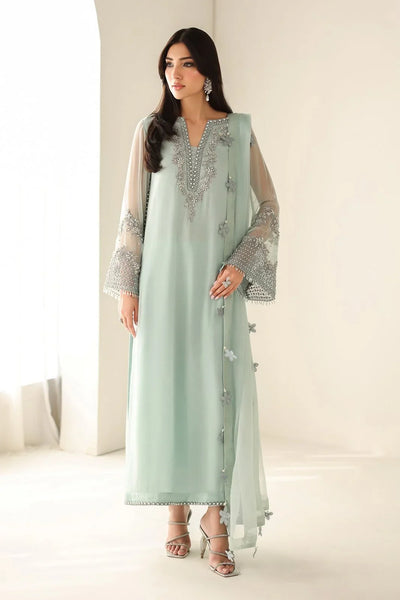 Pastel Mint & Pearl Silver Accent: Embroidered Chiffon Suit  | Ready To Wear