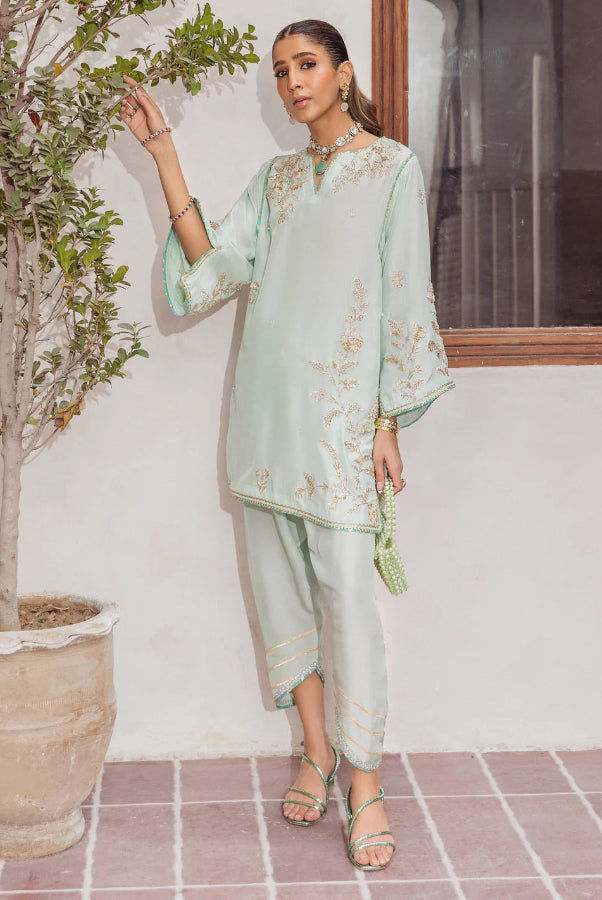 Asymmetric Zardozi Silk Set with Tulip Pants | Ready To Wear